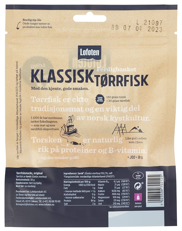 Lofoten Dryfish snacks original 30 gram (Tørrfisk)