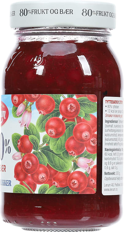 Lerum 80 % Berries Lingonberry Jam (Tyttebærsyltetøy uten tilsatt sukker) 330 grams
