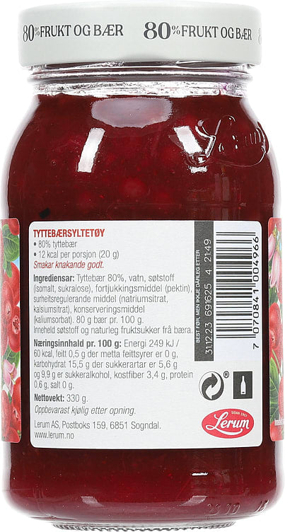Lerum 80 % Berries Lingonberry Jam (Tyttebærsyltetøy uten tilsatt sukker) 330 grams