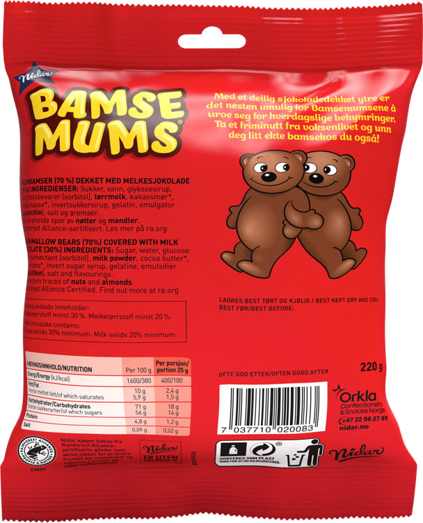 Nidar Bamsemums chocolate covered "foam bears" 220 gram