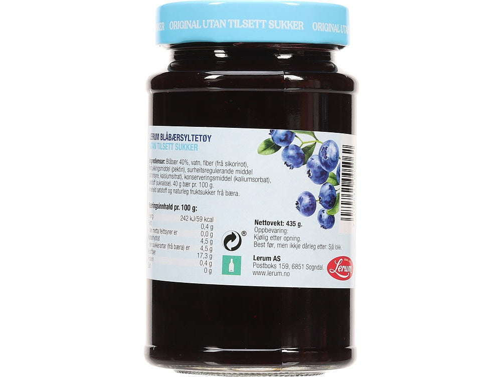 Lerum Blueberry Jam 435g – Norwegian blabaer jam no added sugar with fast worldwide shipping