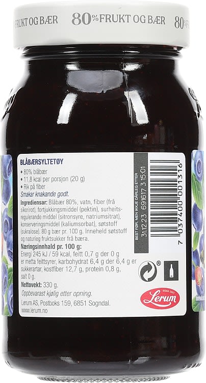 Lerum Blueberry Jam 330g – Norwegian blabaer jam no added sugar with fast worldwide shipping