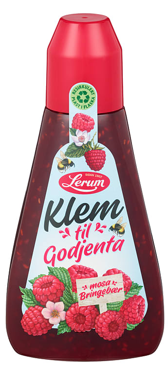 Lerum Klem Raspberry Jam 415g – Norwegian bringebær jam in squeeze bottle with fast worldwide shipping