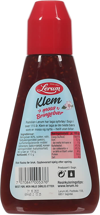 Lerum Klem Raspberry Jam 415g – Norwegian bringebær jam in squeeze bottle with fast worldwide shipping