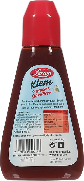 Lerum Klem Strawberry Jam 415 gram (Jordbær syltetøy)