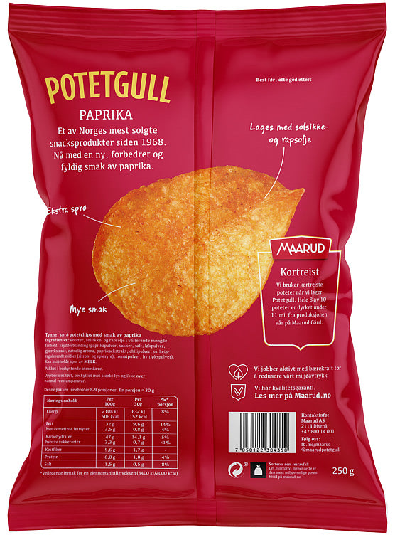 Maarud potatochips paprika potato chips 250 gram (Potetgull paprika) Norwegian Foodstore