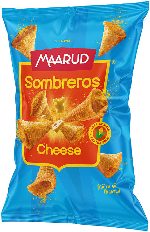Maarud Sombreros Cheddar 110g – crispy Norwegian corn snack with cheddar flavor from Norway with fast worldwide shipping