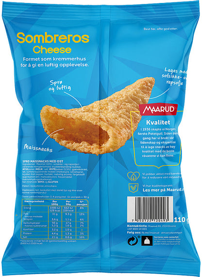 Maarud Sombreros Cheddar 110g – crispy Norwegian corn snack with cheddar flavor from Norway with fast worldwide shipping