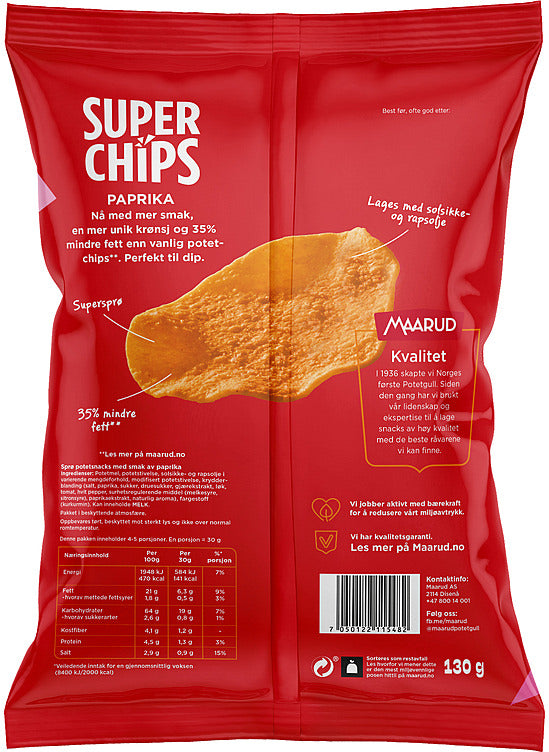 Maarud Superchips potato chips paprika 130g bag Norwegian crisps