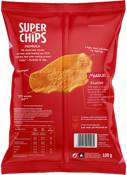 Maarud Superchips potato chips paprika 130g bag Norwegian crisps