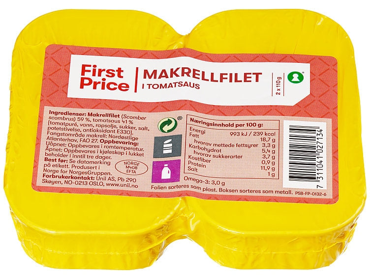 First Price Mackerel Fillet in tomato sauce 2x110 gram (Makrell i tomat) Norwegian Foodstore