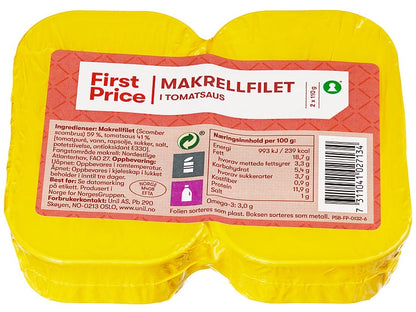 First Price Mackerel Fillet in tomato sauce 2x110 gram (Makrell i tomat) Norwegian Foodstore