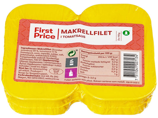 First Price Mackerel Fillet in tomato sauce 2x110 gram (Makrell i tomat) Norwegian Foodstore