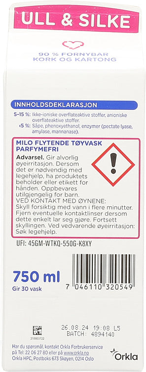 Milo detergent wool wash perfume free (parfymefri ullvask) 750ml – Norwegian laundry product from Norway with fast worldwide shipping
