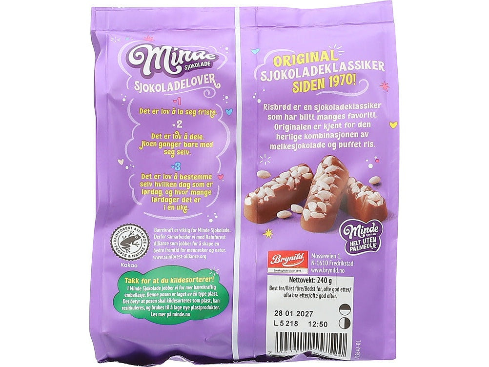 Minde Rice Chocolate 240g – Norwegian risbrod crispy chocolate with puffed rice and fast worldwide shipping
