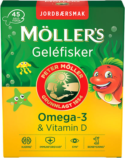Möller’s Omega-3 jello fishes strawberry (gelefisker jordbærmak) 45 fishes – authentic Norwegian food from Norway with fast worldwide shipping

