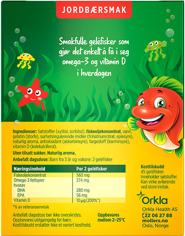 Möller’s Omega-3 jello fishes strawberry (gelefisker jordbærmak) 45 fishes – authentic Norwegian food from Norway with fast worldwide shipping
