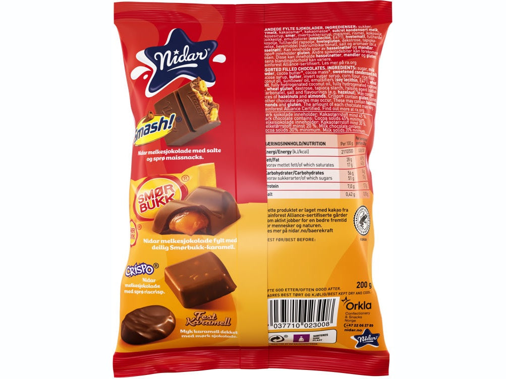 Nidar Favourites Smash mixed candy (Favoritter Smash) 200g – authentic Norwegian chocolate candy from Norway with fast worldwide shipping