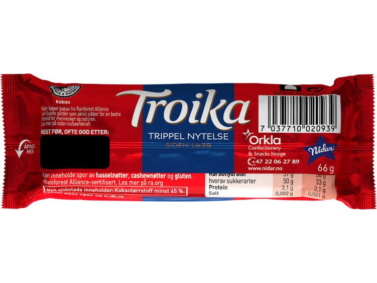 Nidar Troika dark chocolate bar 66g Norwegian chocolate jelly marzipan truffle