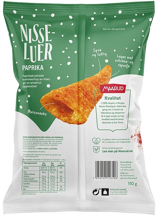 Maarud Nisseluer Paprika 110 g, back of bag with ingredients and nutrition