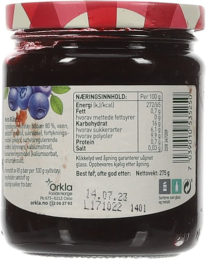 Nora Blueberry Jam 80% No Added Sugar 275g – Norwegian blabaer syltetoy with high fruit content fast worldwide shipping