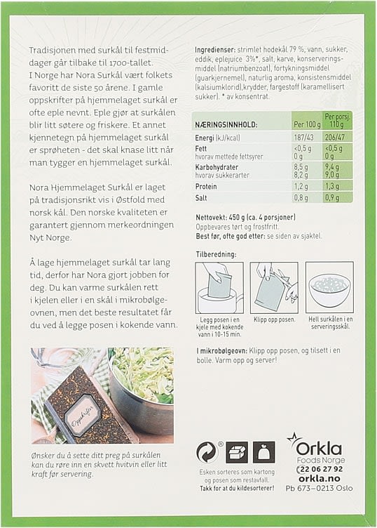 Nora Homemade Sauerkraut 450g packaging with ingredients, nutrition facts and preparation instructions