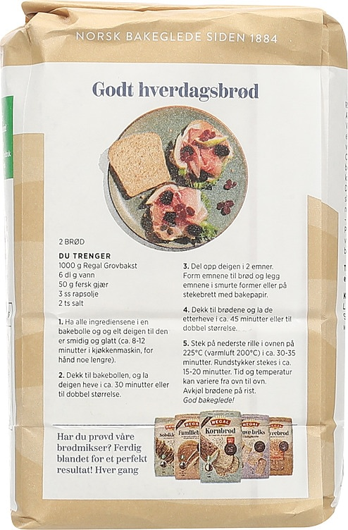 Regal Grovbakst, back of package with bread recipe