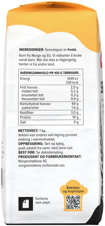 Semolina (semulegryn) 1 kg – authentic Norwegian food ingredient from Norway with fast worldwide shipping

