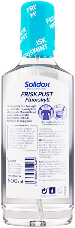 Solidox Frisk Pust fluoride mouthwash 500 ml – back label
