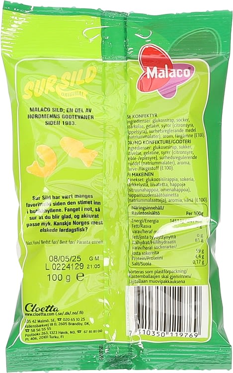 Sour Herring candy 100g – Malaco sour fish-shaped gummies from Norway with fast worldwide shipping