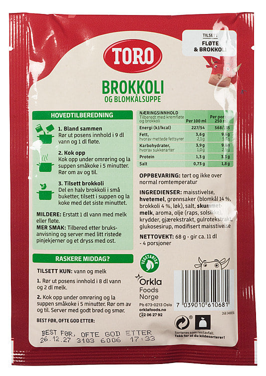 Toro creamy cauliflower and broccoli soup (brokkoli & blomkålsuppe) 68g – authentic Norwegian soup from Norway with fast worldwide shipping
