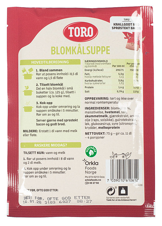 Toro creamy cauliflower soup (blomkålsuppe) 73g – traditional Norwegian soup mix from Norway with fast worldwide shipping