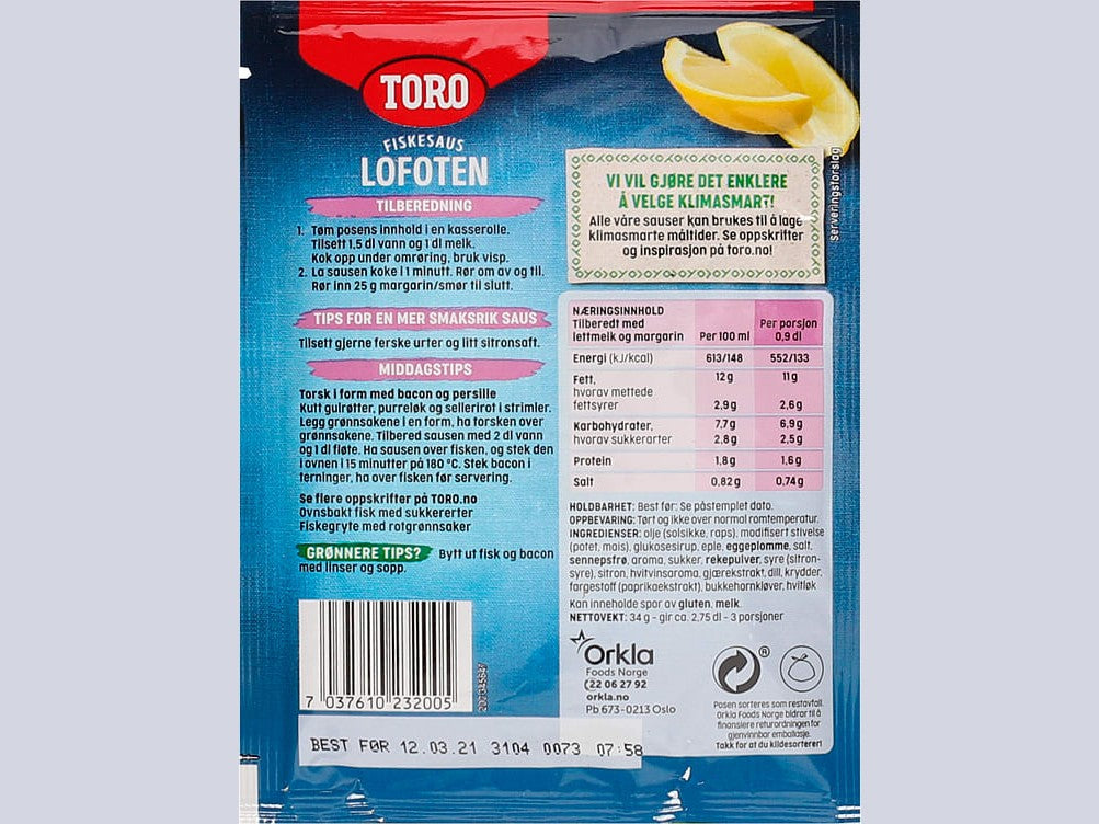 Toro Lofoten fish sauce 34 grams (Fiskesaus) Norwegian Foodstore