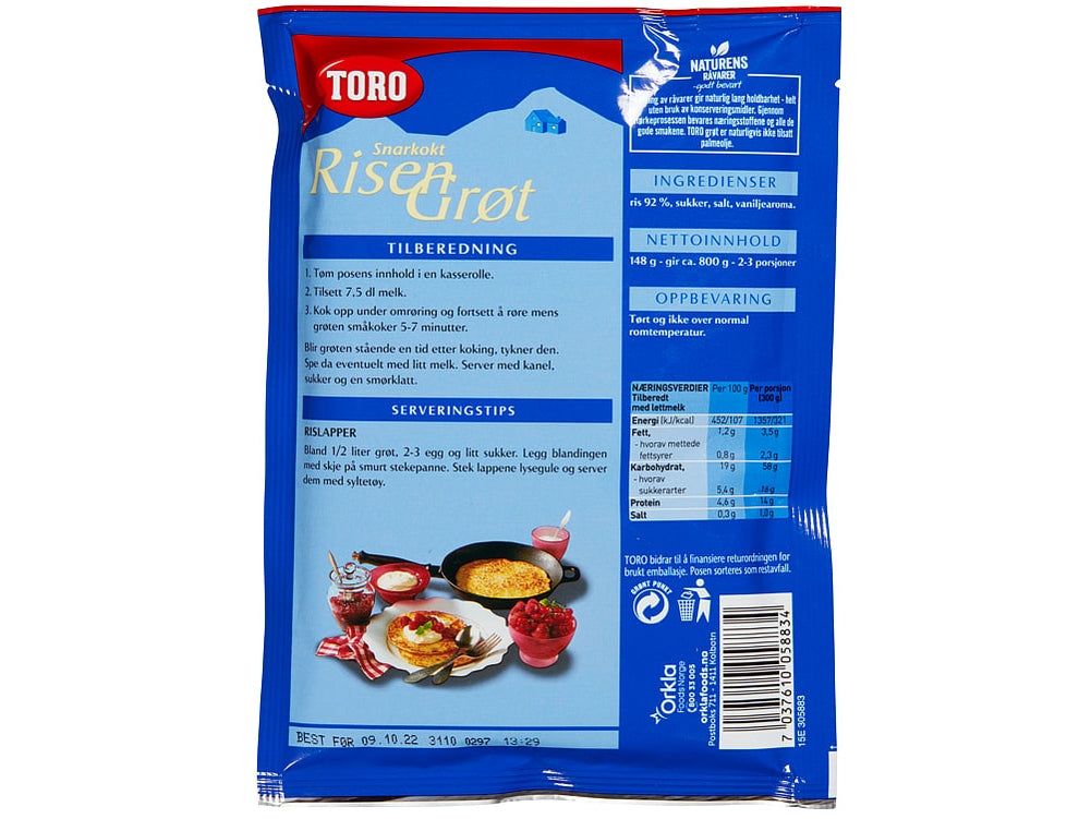Toro Porridge quick-cooked 148 grams (Risengrøt / Risgrøt snarkokt)
