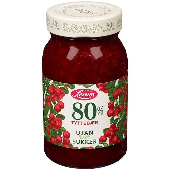 Lerum 80 % Berries Lingonberry Jam (Tytterbærsyltetøy uten tilsatt sukker) 330 grams Norwegian Foodstore