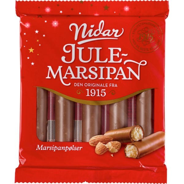 Nidar Christmas marzipan sticks 5 pcs 110 grams (Jule Marsipanpølser) Norwegian Foodstore
