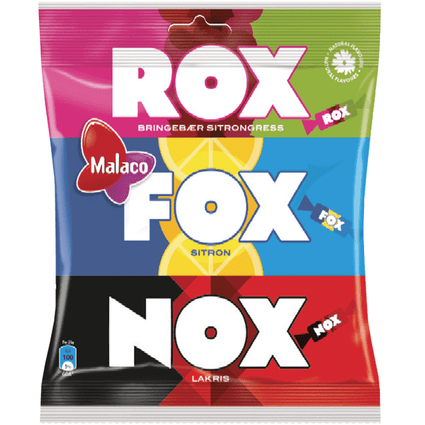 Malaco Fox - Nox - Rox mixed bag fruit caramel 180 grams Norwegian Foodstore