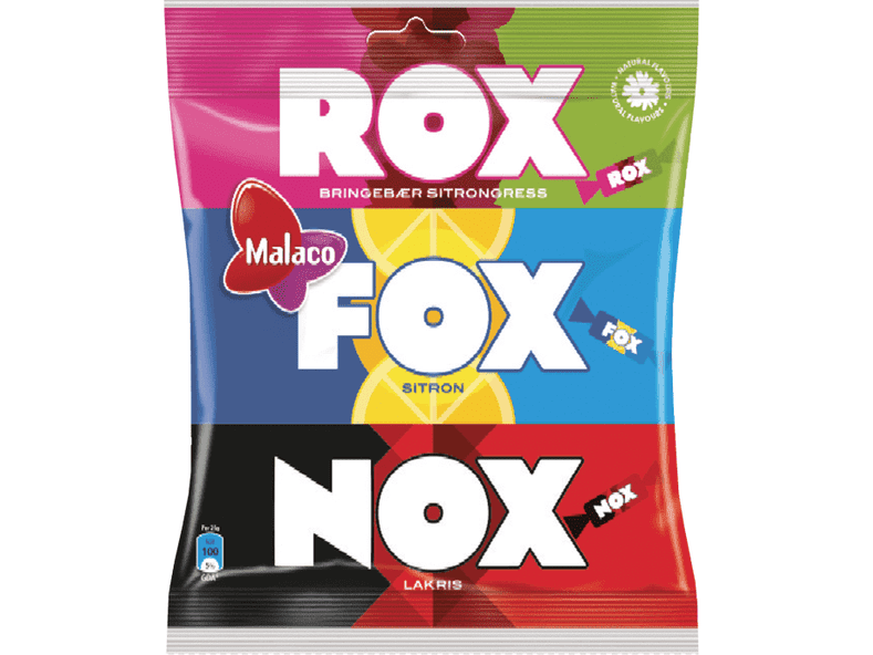 Malaco Fox - Nox - Rox mixed bag fruit caramel 180 grams Norwegian Foodstore
