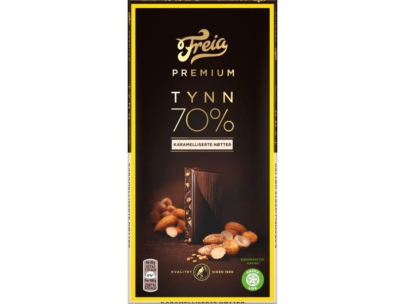 Freia 70% Premium dark chocolate caramelized nuts 100 grams Norwegian Foodstore