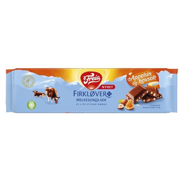 Freia Milk chocolate with hazelnuts & oranges 200 gram (Firkløver med appelsinsmak) Norwegian Foodstore