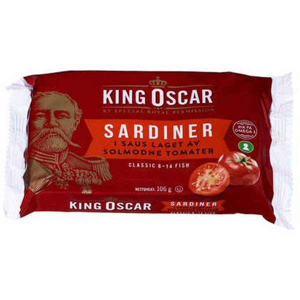 King Oscar Sardines in Tomatosauce (Sardiner i solmodne tomater) 106 grams Norwegian Foodstore