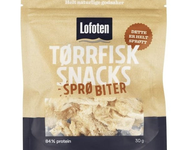 Lofoten Dryfish crisp bites 30 gram (Tørrfisksnacks sprø biter) Norwegian Foodstore